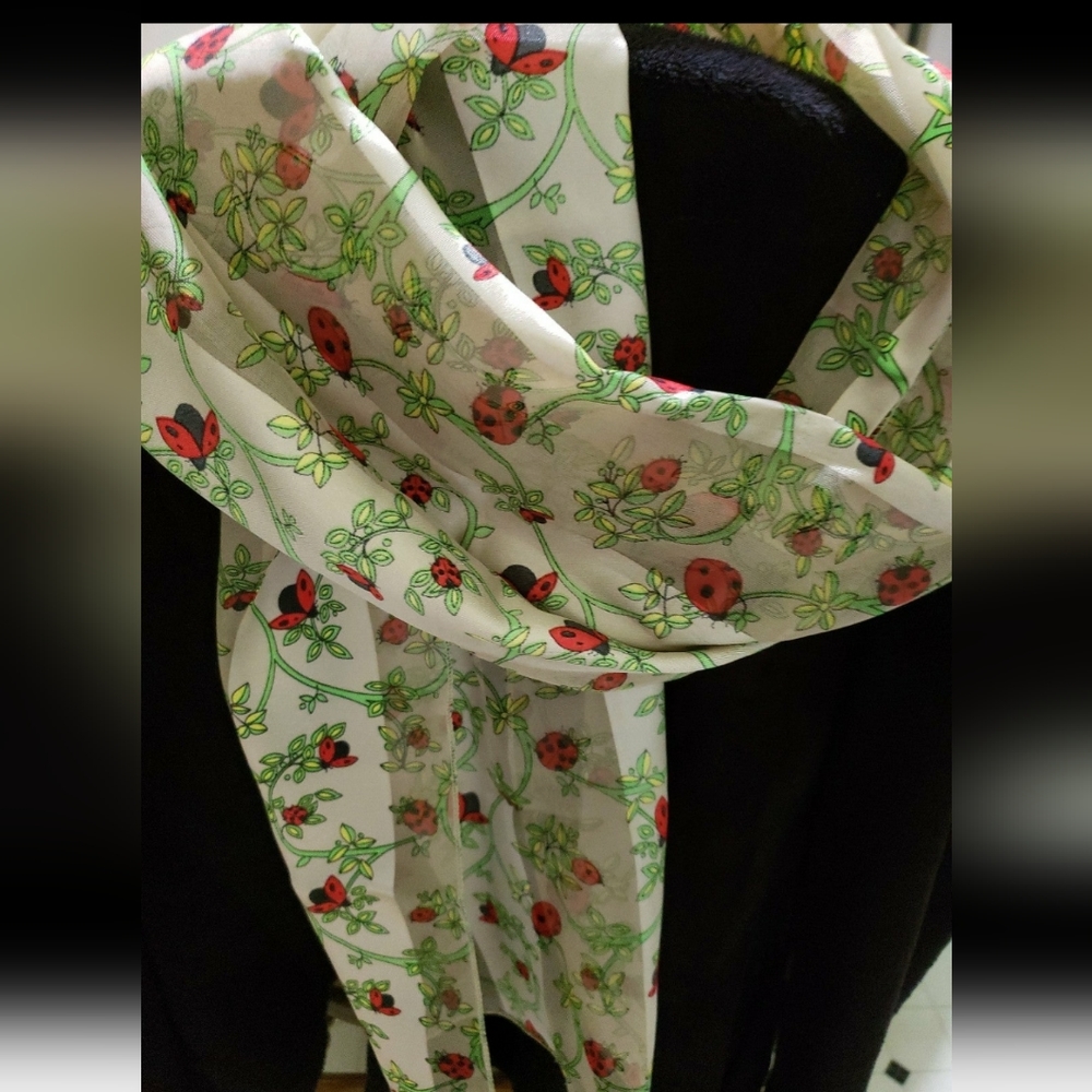 Ladybug on greenery Satin and Sheer Shadow Striped 60 inch Scarf